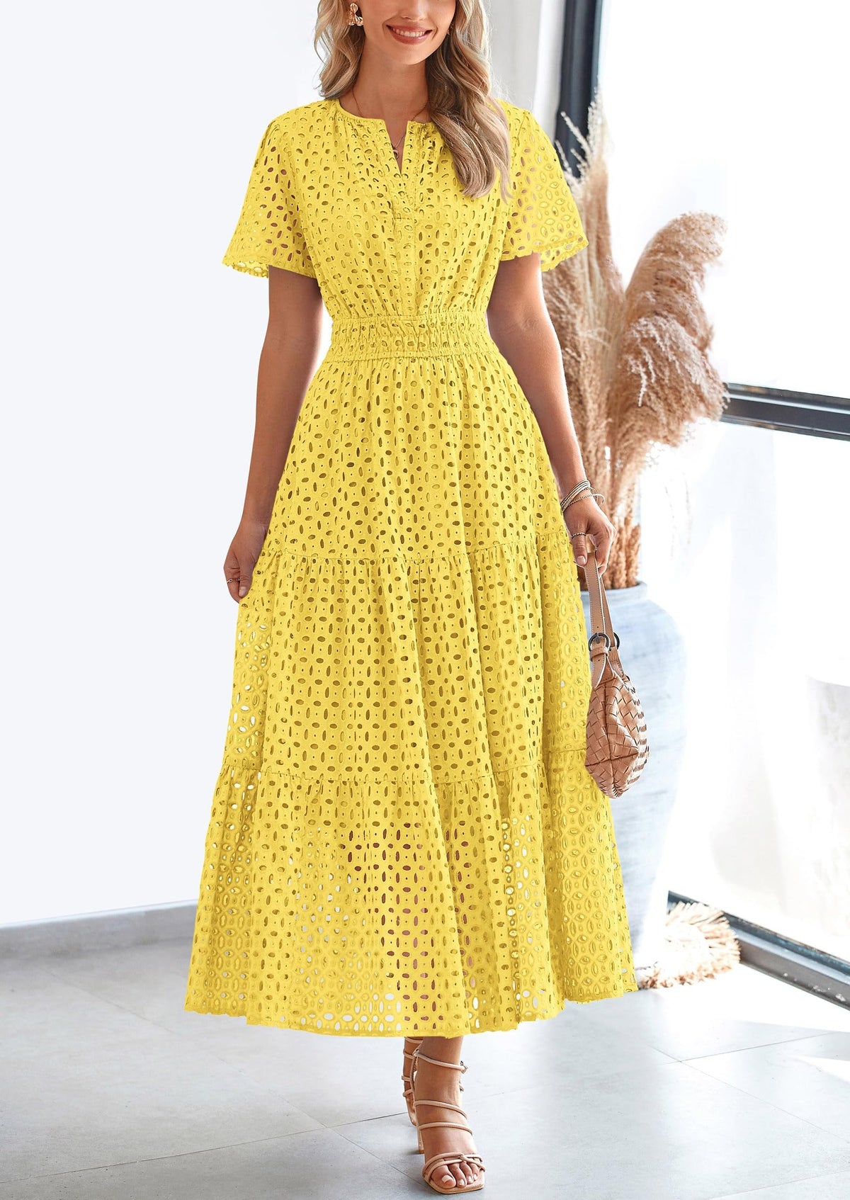 Short Sleeve V Neck Hollow Out Eyelet A Line Long Beach Maxi Dress