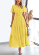 Short Sleeve V Neck Hollow Out Eyelet A Line Long Beach Maxi Dress