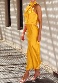Satin sleeveless stand up collar party long dress
