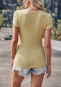 Short Sleeve V Neck Button Ribbed Knit T-shirt