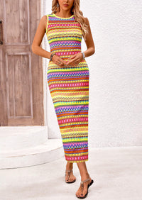 Sleeveless Crew Neck Striped Side Slit Bodycon Casual Maxi Dresses