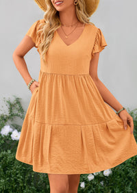 Casual Cap Sleeve V Neck Tiered Ruffle Swing A Line Dresses