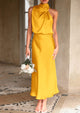 Satin sleeveless stand up collar party long dress