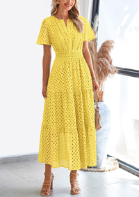 Short Sleeve V Neck Hollow Out Eyelet A Line Long Beach Maxi Dress