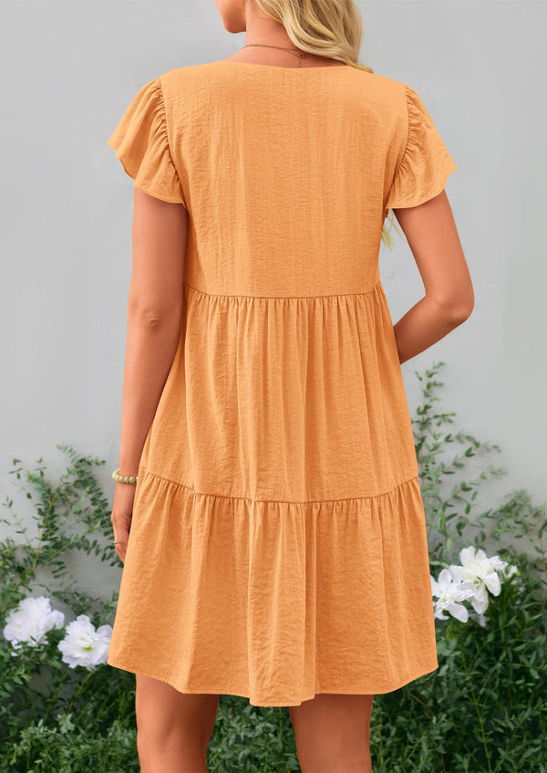 Casual Cap Sleeve V Neck Tiered Ruffle Swing A Line Dresses