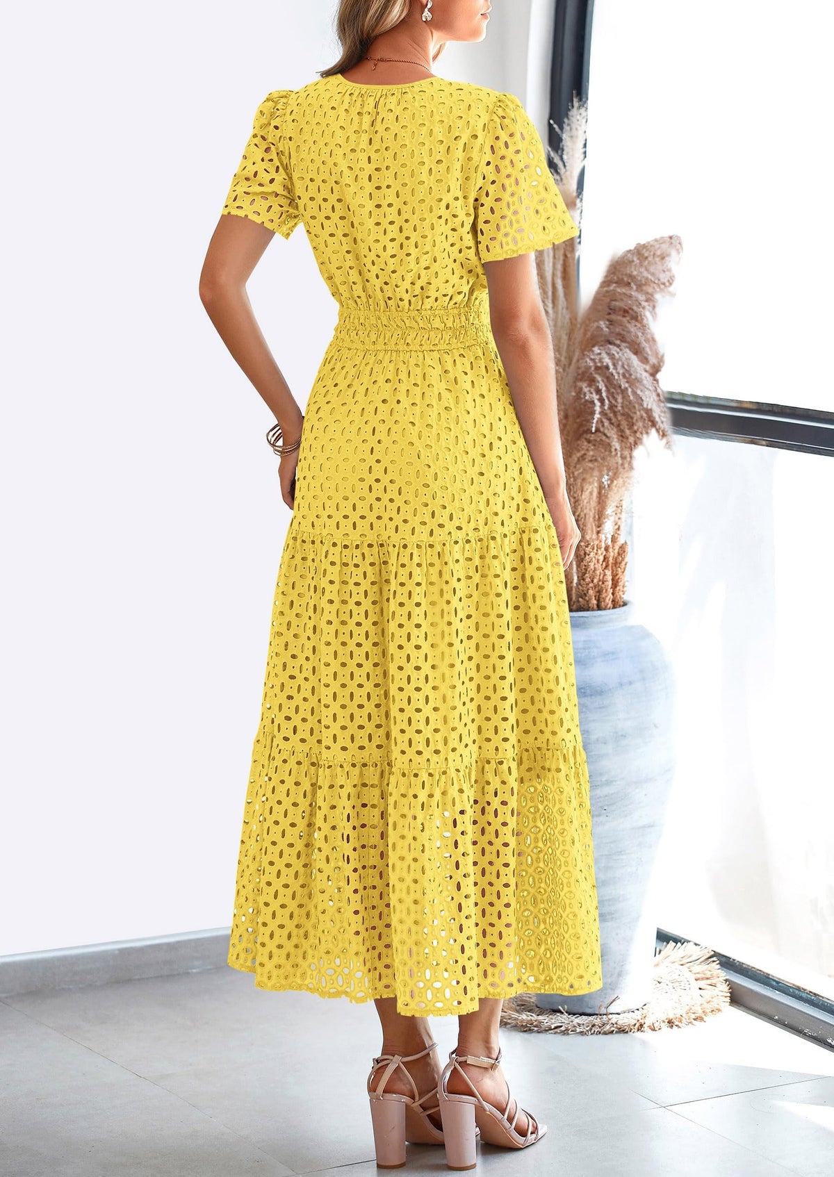 Short Sleeve V Neck Hollow Out Eyelet A Line Long Beach Maxi Dress