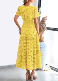 Short Sleeve V Neck Hollow Out Eyelet A Line Long Beach Maxi Dress