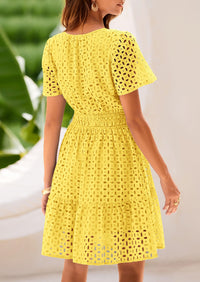 V Neck Short Sleeve A Line Hollow Out Lace Ruffle Casual Beach Party Mini Dresses