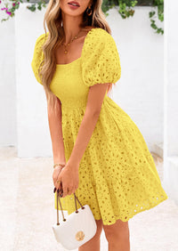 Puff Sleeve Off Shoulder Eyelet Smocked A Line Casual Babydoll Mini Dress