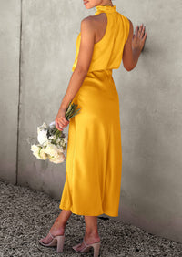 Satin sleeveless stand up collar party long dress