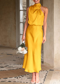 Satin sleeveless stand up collar party long dress