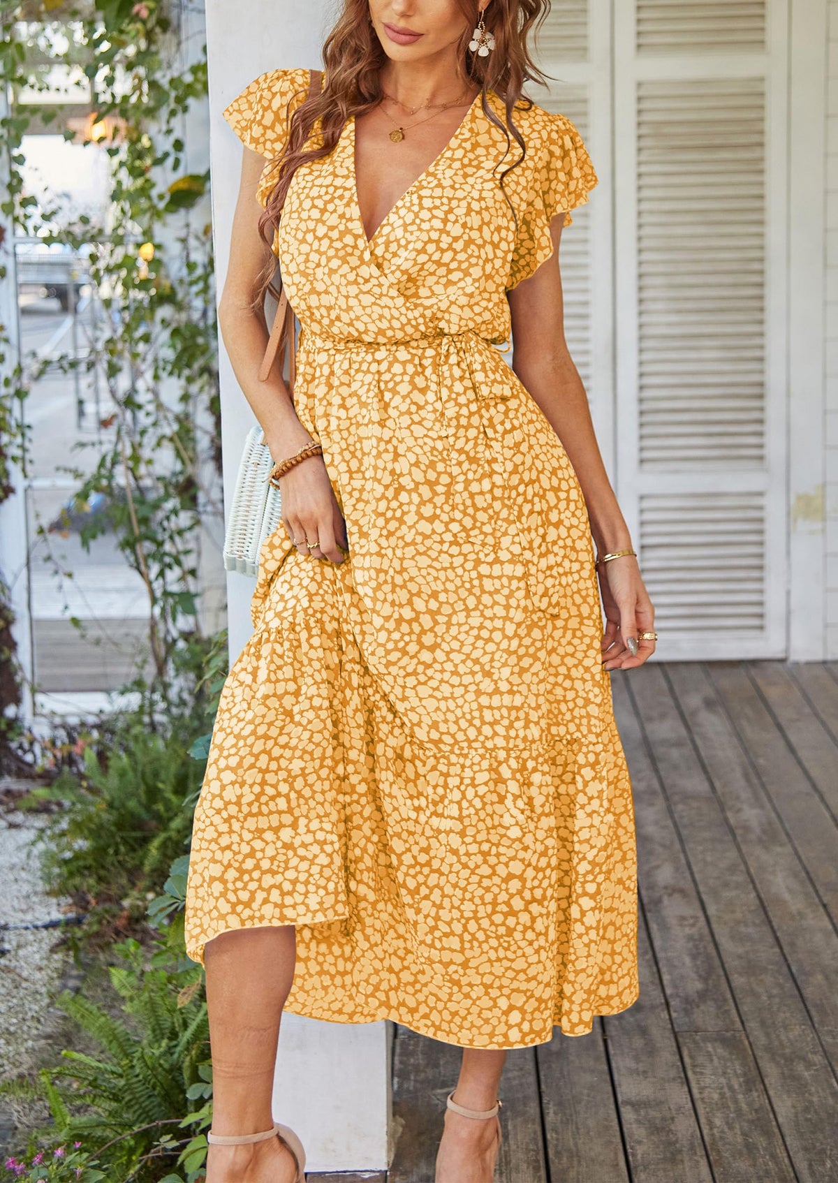 Floral Wrap V Neck Hem A-Line Bohemian Maxi Dresses
