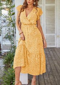 Floral Wrap V Neck Hem A-Line Bohemian Maxi Dresses