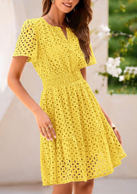 V Neck Short Sleeve A Line Hollow Out Lace Ruffle Casual Beach Party Mini Dresses