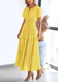 Short Sleeve V Neck Hollow Out Eyelet A Line Long Beach Maxi Dress