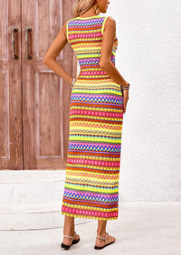 Sleeveless Crew Neck Striped Side Slit Bodycon Casual Maxi Dresses