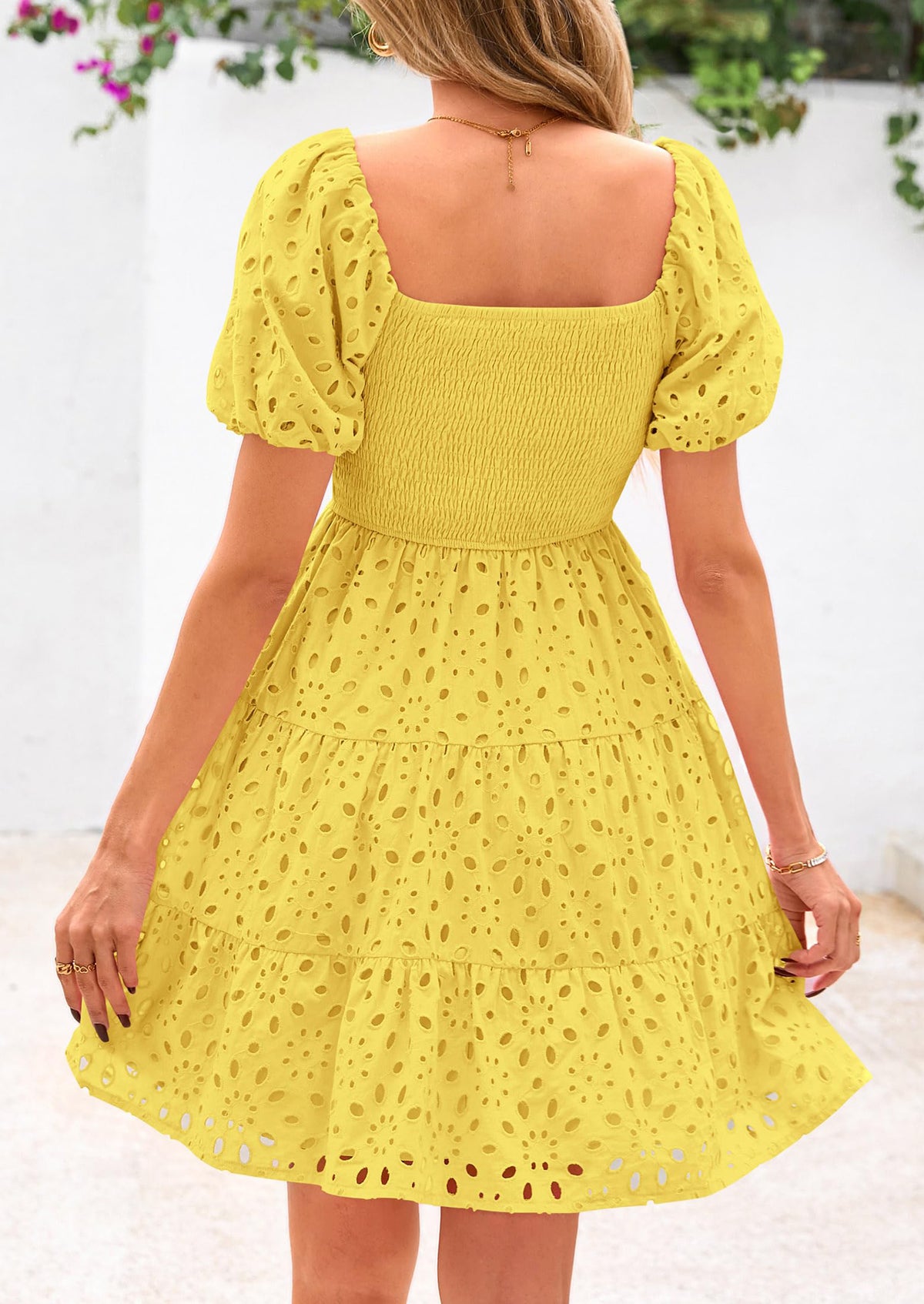 Puff Sleeve Off Shoulder Eyelet Smocked A Line Casual Babydoll Mini Dress