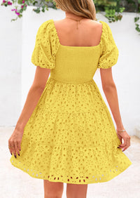 Puff Sleeve Off Shoulder Eyelet Smocked A Line Casual Babydoll Mini Dress