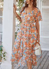 V Neck Short Sleeve Belted Ruffle Hem A-Line Bohemian Maxi Dress