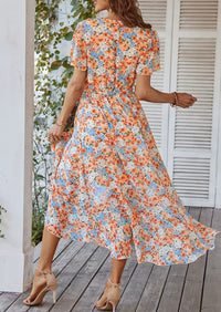 V Neck Short Sleeve Belted Ruffle Hem A-Line Bohemian Maxi Dress