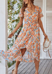 V Neck Short Sleeve Belted Ruffle Hem A-Line Bohemian Maxi Dress