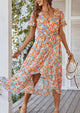 V Neck Short Sleeve Belted Ruffle Hem A-Line Bohemian Maxi Dress