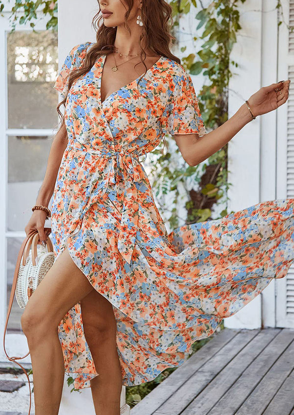 V Neck Short Sleeve Belted Ruffle Hem A-Line Bohemian Maxi Dress