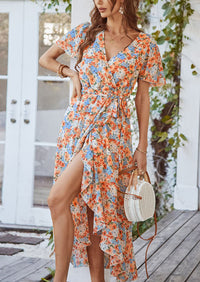 V Neck Short Sleeve Belted Ruffle Hem A-Line Bohemian Maxi Dress