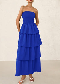 Off Shoulder Smocked Tiered Ruffle Long Flowy Casual Beach Maxi Dress
