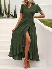Leisure Bohemian Flower V-Neck Short Sleeved Ruffled Beach Long Skirt