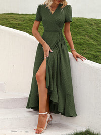Leisure Bohemian Flower V-Neck Short Sleeved Ruffled Beach Long Skirt