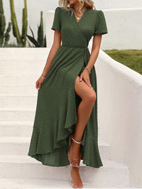 Leisure Bohemian Flower V-Neck Short Sleeved Ruffled Beach Long Skirt