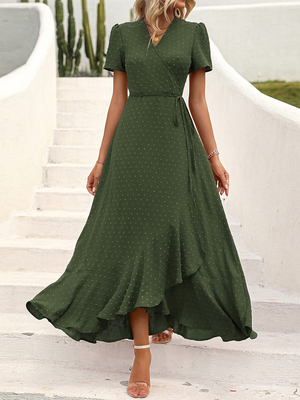 Leisure Bohemian Flower V-Neck Short Sleeved Ruffled Beach Long Skirt