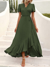 Leisure Bohemian Flower V-Neck Short Sleeved Ruffled Beach Long Skirt