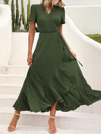 Leisure Bohemian Flower V-Neck Short Sleeved Ruffled Beach Long Skirt