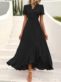 Leisure Bohemian Flower V-Neck Short Sleeved Ruffled Beach Long Skirt
