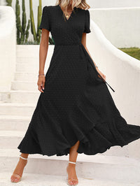 Leisure Bohemian Flower V-Neck Short Sleeved Ruffled Beach Long Skirt