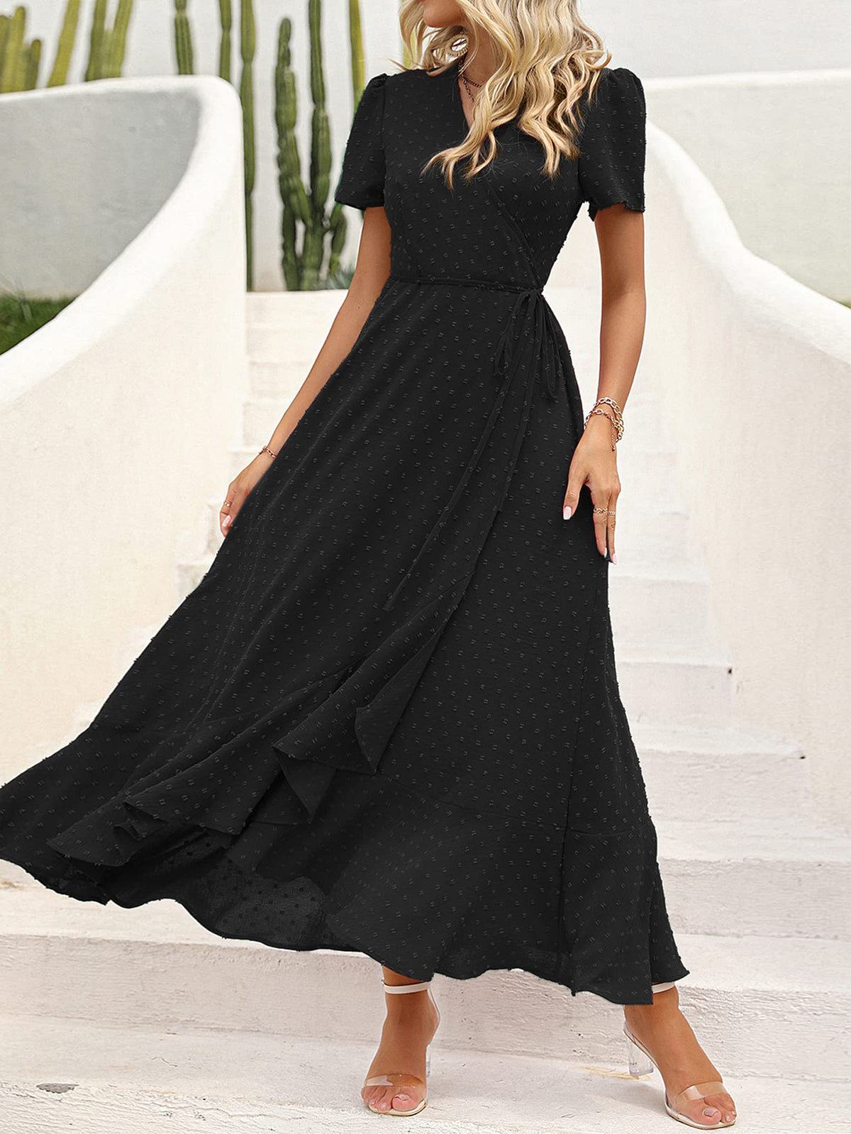 Leisure Bohemian Flower V-Neck Short Sleeved Ruffled Beach Long Skirt