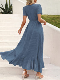 Leisure Bohemian Flower V-Neck Short Sleeved Ruffled Beach Long Skirt