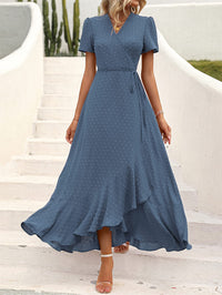 Leisure Bohemian Flower V-Neck Short Sleeved Ruffled Beach Long Skirt