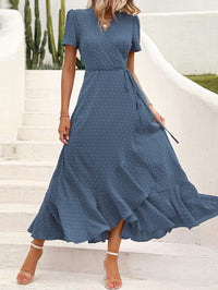 Leisure Bohemian Flower V-Neck Short Sleeved Ruffled Beach Long Skirt