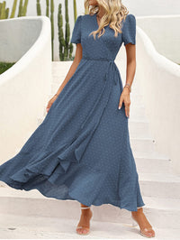 Leisure Bohemian Flower V-Neck Short Sleeved Ruffled Beach Long Skirt