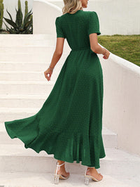 Leisure Bohemian Flower V-Neck Short Sleeved Ruffled Beach Long Skirt