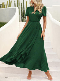 Leisure Bohemian Flower V-Neck Short Sleeved Ruffled Beach Long Skirt