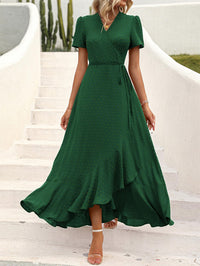 Leisure Bohemian Flower V-Neck Short Sleeved Ruffled Beach Long Skirt