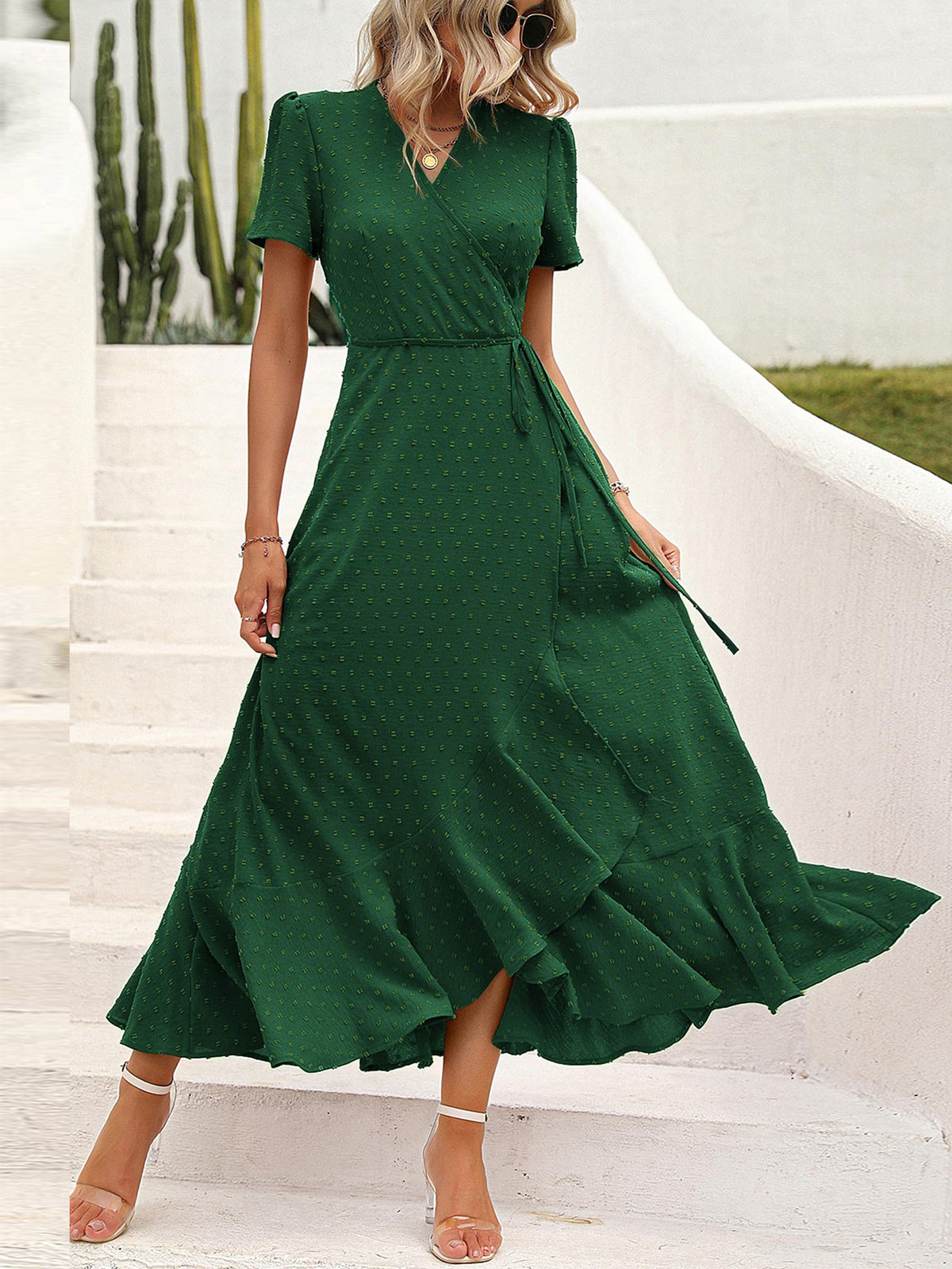 Leisure Bohemian Flower V-Neck Short Sleeved Ruffled Beach Long Skirt