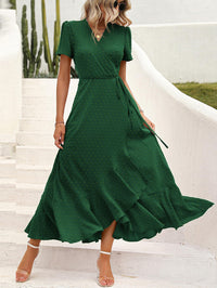 Leisure Bohemian Flower V-Neck Short Sleeved Ruffled Beach Long Skirt