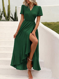 Leisure Bohemian Flower V-Neck Short Sleeved Ruffled Beach Long Skirt