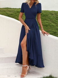 Leisure Bohemian Flower V-Neck Short Sleeved Ruffled Beach Long Skirt
