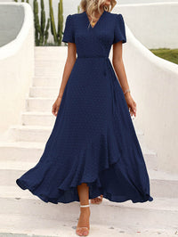 Leisure Bohemian Flower V-Neck Short Sleeved Ruffled Beach Long Skirt